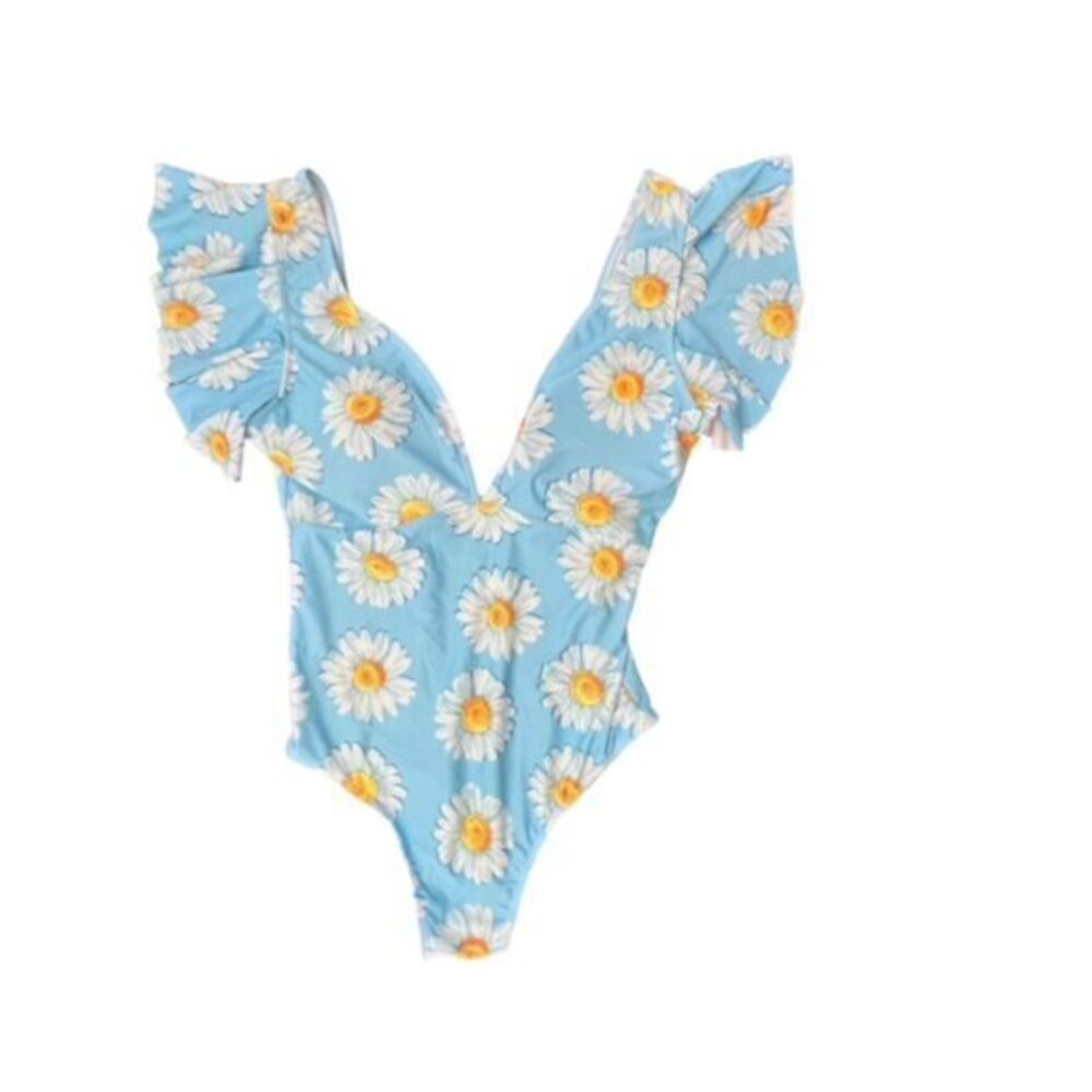 Daisy Floral One Piece Swimsuit Size Medium Flutter Sleeves Vacation Beach Pool